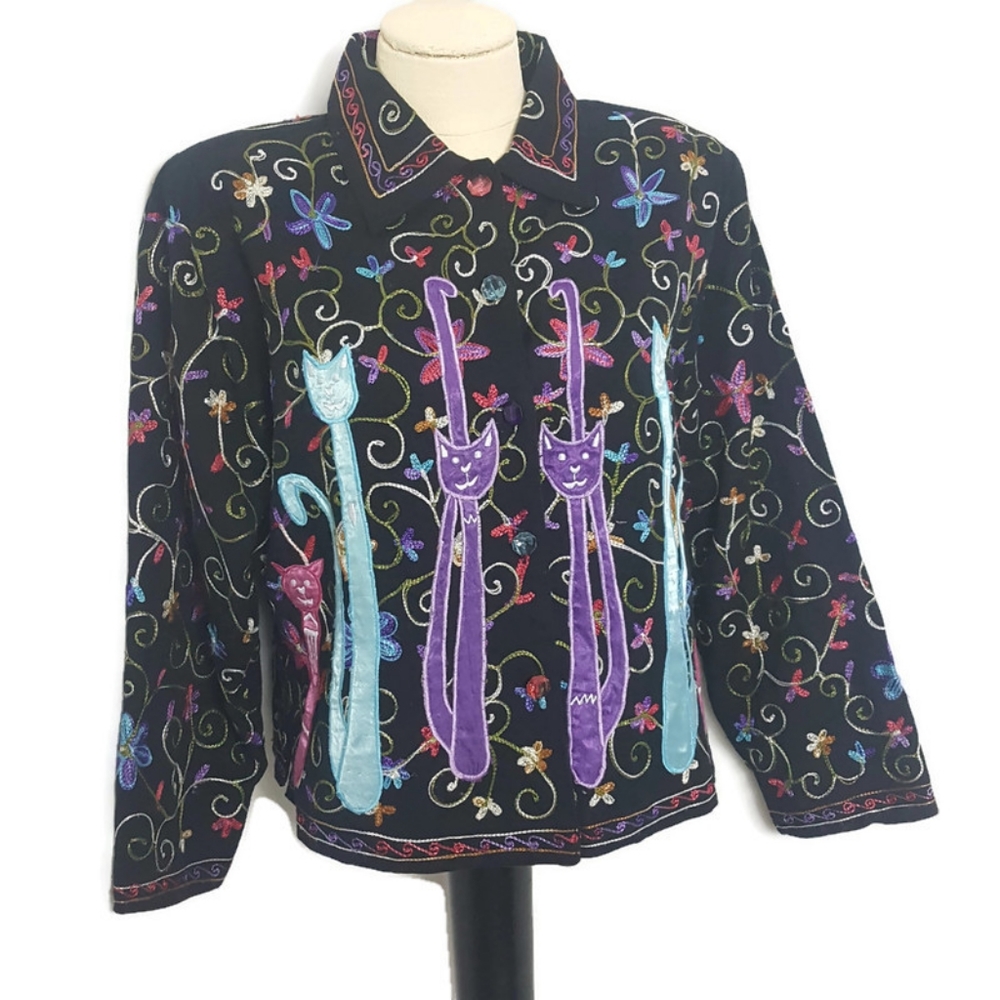 Fun Colorful Cat Embroidered Statement Jacket